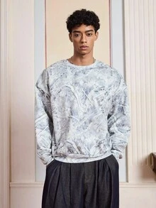 SWAVVY Áo nỉ cổ tròn in họa tiết cành lá kỹ thuật số toàn thân dành cho nam, Thu, Đông - Nhiều màu - Xem 1