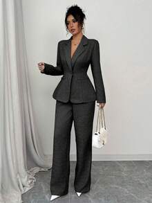 Elenzga 2 piezas Conjunto de traje elegante rosa para mujer - Chaqueta tipo blazer y pantalones a juego, adecuado para oficina, negocios, fiesta, cita de San Valentín - Negro - Ver 6