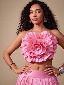 Vixey Áo corset không dây kéo khóa sau bằng vải taffeta trơn đính hoa 3D - Hồng - Xem 1