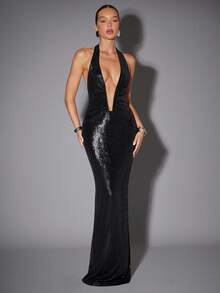 Hauture 深 V 领金属针织褶饰露背无袖连衣裙