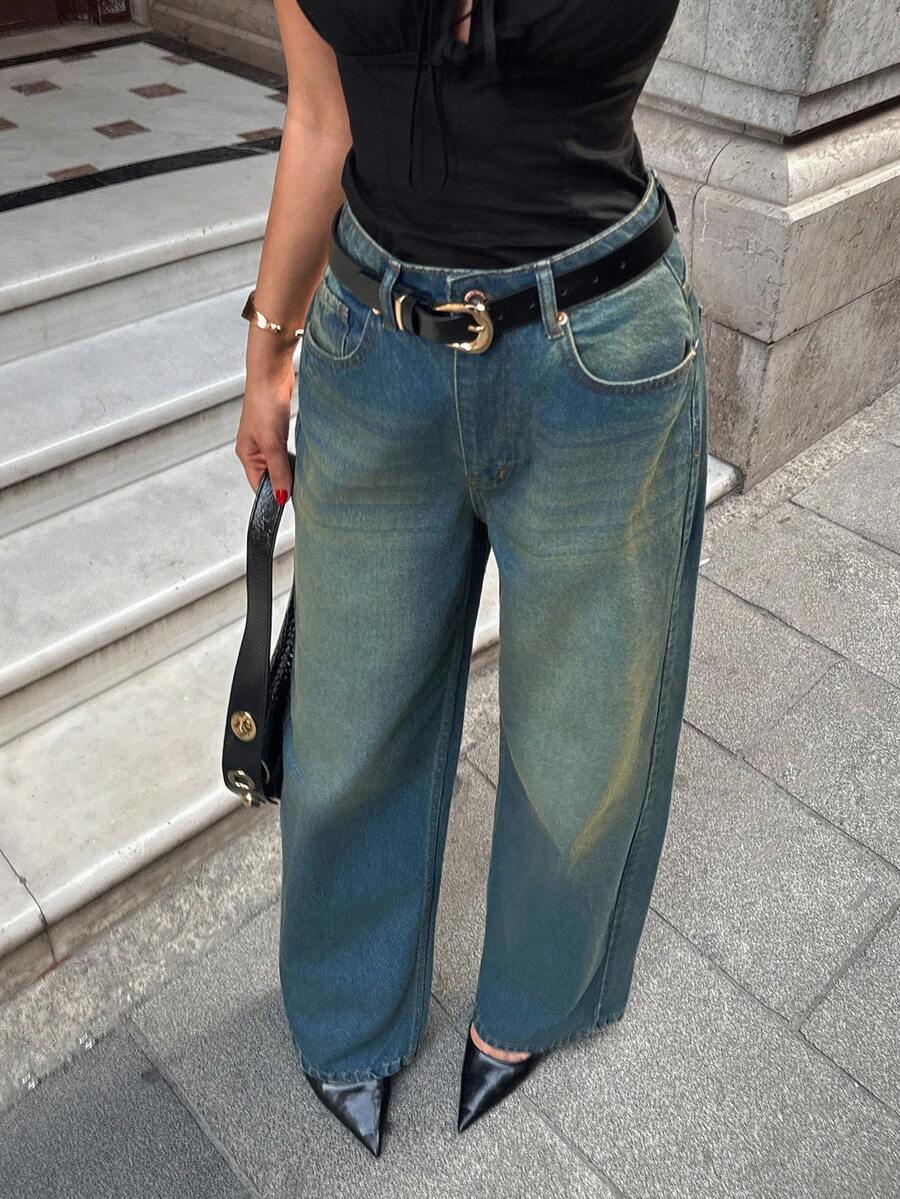 EURMUSE Calça jeans vintage lavada, cintura alta, perna reta, estilo viajante - Lavagem Média - Ver 1