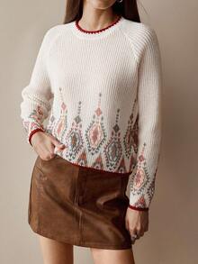 Florisole Áo len dệt kim cổ tròn tay raglan phối màu cổ điển - trắng - Xem 1