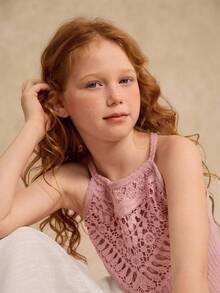 Tween Girl Vacation Beach Floral Lace Trim Fitted Sleeveless Crop Top, Summer Girls Lace Top - Dusty Pink - View 4