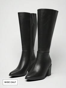 SHUZIA #WideCalfApproved 女式 3 英寸粗跟 PU 黑色及膝靴 - 时尚舒适，适合较宽的小腿，是自信、高雅外观的必备奢华单品。 - 黑色 - 查看 3