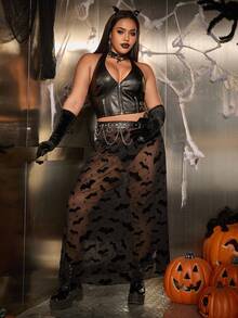 SHEIN EZwear 加大码蝙蝠图案透视性感植绒裙 - 黑色 - 查看 4