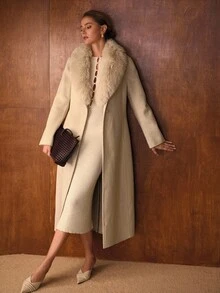 MOTF PREMIUM WOOL FUZZY COLLAR BELTED OVERCOAT - Apricot - View 6