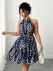 Elenzga Váy thường ngày in họa tiết thời trang cỡ lớn mới dành cho nữ - Màu xanh hải quân - Xem 5