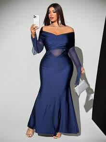 Viva Relle Plus Size Christmas Women's Off Shoulder Fashionable Sheer Flare Sleeve Solid Color Ruffle Dress - Blue - View 6