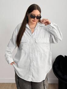 Enliva Plus Size Women's White Striped Loose Blouse, Long Sleeve Plus Size Shirt/Autumn /Winter - White - View 3