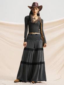 Easelle Fashion Holiday Retro Lace Edge Wide Leg Pants Snow-Washed Wide Leg Trousers Splicing Lace Retro Casual Autumn And Winter Fall Clothes Women - Black - View 4