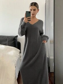 Livesso 女式纯色简约V领长袖毛衣裙秋冬 - 灰色 - 查看 4