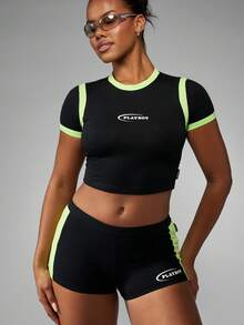 Missguided x Playboy Baby Tee Distressed Graphics Cropped Fitted Top Neon Color Block High Neck Summer Festival Street Style Aesthetic Y2K Retro - Black - View 6