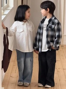 Genkimix Kids 2 件年轻男孩时尚格子衬衫 + 宽松工装口袋水洗牛仔裤套装，休闲时尚，春秋 - 黑色 - 查看 5