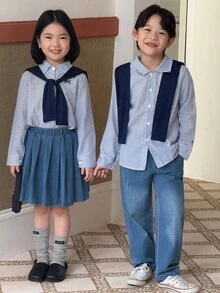 Genkimix Kids 3 件套年轻男孩休闲装：披肩领毛衣 + 条纹衬衫 + 水洗牛仔裤，秋季时尚造型 - 藍色 - 查看 6