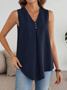 EMERY ROSE 女士纯色纽扣设计V领休闲宽松无袖衬衫 - 藏蓝色 - 查看 4