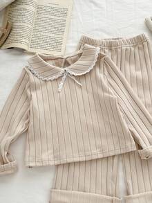 Genkimix Kids Mädchen Kleinkind Set mit Peter-Pan-Kragen, Spitzenbesatz, Langarm-Oberteil und weiter Hose