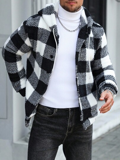 Manfinity Homme Chaqueta de forro polar con capucha, de un solo pecho, con cordón y estampado colegial casual para hombre, otoño/invierno