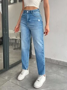 SHEIN Cottnline 100%纯棉休闲破洞锥形牛仔裤 - 淺色水洗藍 - 查看 8