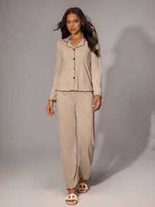 Lazeform 休闲宽松超大款超柔软垂坠轻盈夏季针织卡其色面料女式荷叶边长袖上衣和裤子睡衣套装，秋冬服装