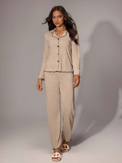 Laze Loose Oversized Super Zachte Draped Lightweight Knit Kaki Fabric Women Ruffle Long Sleeve Top Pants Pajama Set, Fall Clothes view 3