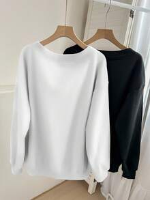 EMERY ROSE Bộ đồ họa tiết MOPE tối giản, thường ngày cỡ lớn, 2 món, áo nỉ rộng cổ chữ V, phù hợp cho mùa thu/đông - Nhiều màu - Xem 2