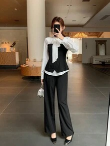 Conjunto de dos piezas para adolescentes con camisa elegante de contraste blanco y negro con lazo y pantalones negros casuales, ropa de primavera y otoño, ropa interior de otoño e invierno, ropa de vuelta al colegio, para fiestas - Blanco y Negro - Ver 5