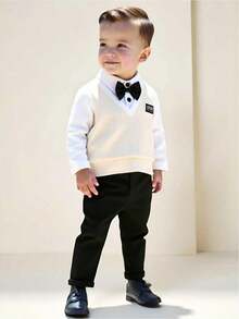 SHEIN 2pcs Baby Boy Preppy Gentleman Style Colorblock Knit Polo Shirt With Bowknot And Pants Set,Black And White,Elegant,Modest,Formal Wedding Party - Black - View 3