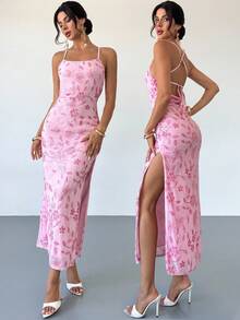Firerie 女士优雅性感花卉亮片露背交叉肩带长裙，适合度假、约会、派对、毕业典礼、舞会 - 粉色 - 粉色 - 查看 9