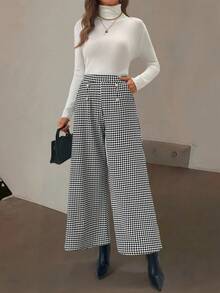 EMERY ROSE 女式休闲千鸟格纹纽扣装饰斜口袋阔腿裤，秋季 - 黑色 - 查看 4