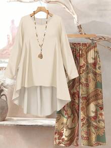 Lacomfia 大码女式复古佩斯利花卉数码印花图案休闲宽松圆领上衣和裤子 2 件套 - 彩色 - 查看 1