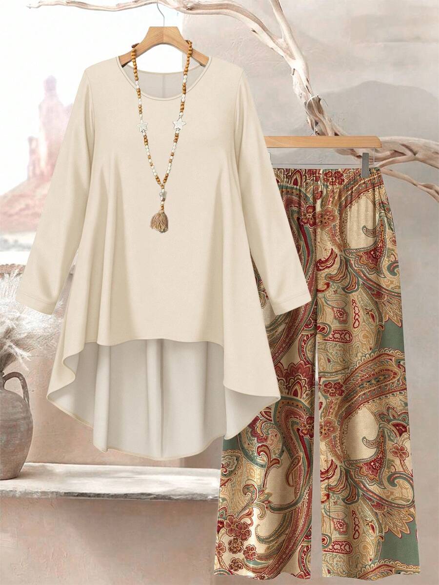 Lacomfia 大码女式复古佩斯利花卉数码印花图案休闲宽松圆领上衣和裤子 2 件套 - 彩色 - 查看 1