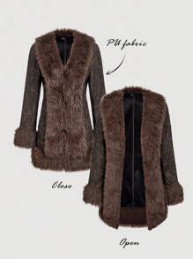 SHEIN MOD 棕色人造毛皮PU外套，秋季外套，女士度假装，返校季，外出，冬季，乡村风，休闲风 - 棕色 - 查看 2