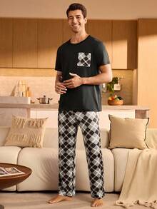 Manfinity Underwear&Sleepwear Basics 男士格子短袖上衣和裤子睡衣套装 - 彩色 - 查看 3