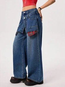 Rivivi Fashionable Double-Layer Waistband Plaid Patchwork Jeans - Light Wash - View 4