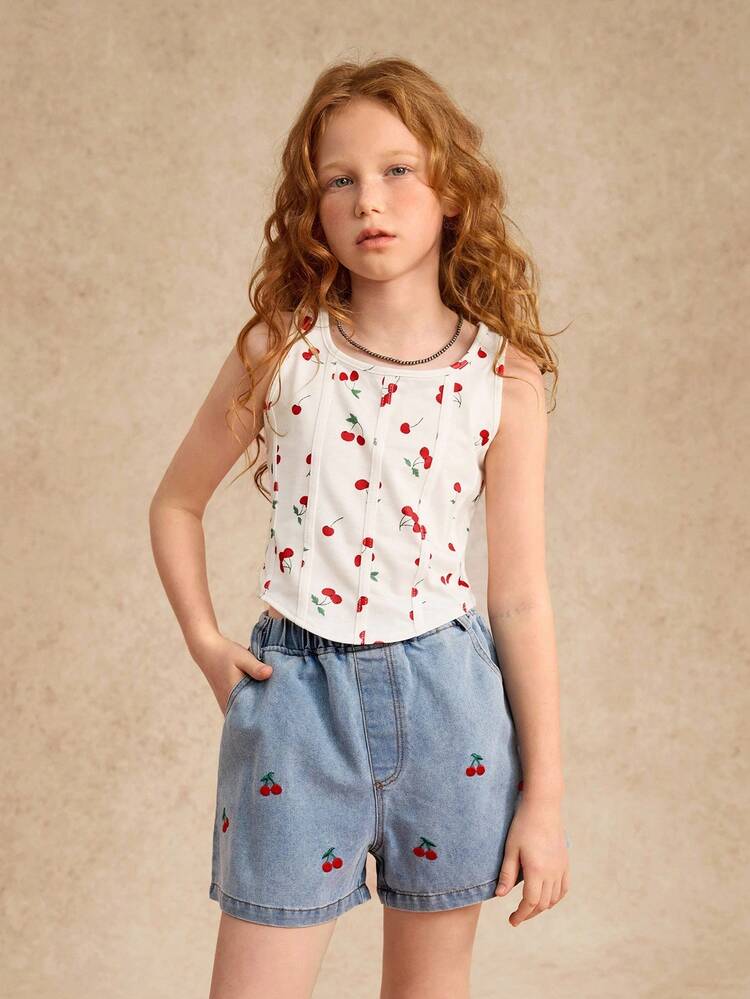 Conjunto de 2 piezas para niñas preadolescentes compuesto por top de tirantes y shorts, apto para el verano - Blanco - Añade 3