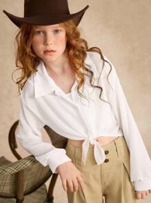 SHEIN 少女纯色轻薄夏季纽扣衬衫，适合秋冬季穿着 - 白色 - 查看 2