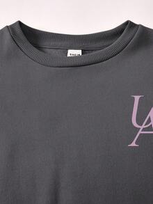 SHEIN Girlism 青少年女孩休闲心形印花针织纯色宽松落肩长袖运动衫和阔腿运动裤套装 - 灰色 - 查看 8