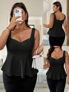 Vionelle 大码女式优雅无袖吊带背心，法式浪漫风格，适合办公室、通勤、下午茶、派对、度假，甜心领，前开衩，收腰，A 字廓形，适合春夏季荷叶边背心黑色荷叶边上衣女式黑色上衣优雅黑色上衣 - 黑色 - 查看 1