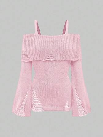 Goth Maglione aderente con spalle scoperte, effetto consumato e taglio punk