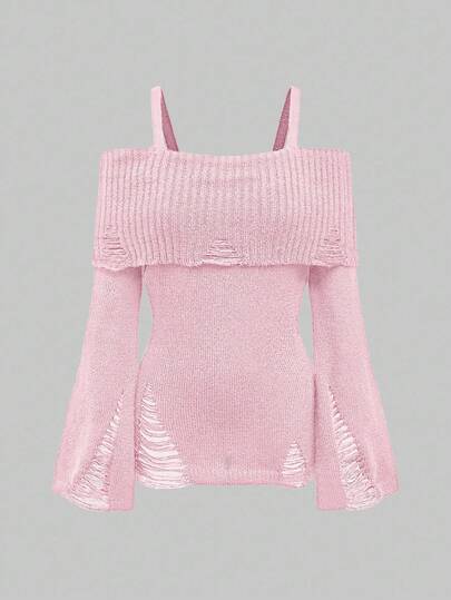 Goth Suéter ajustado con hombros descubiertos, cortes y efecto desgastado de estilo punk