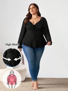 Enliva Quần áo dài tay thường ngày cỡ lớn cho nữ mùa thu, buộc ở ngực, vải mềm mại và thoải mái, áo phông đẹp cho mặc ở nhà và đi chơi, áo phông dài tay cổ hình trái tim màu trơn viền xếp nếp - màu đen - Xem 1