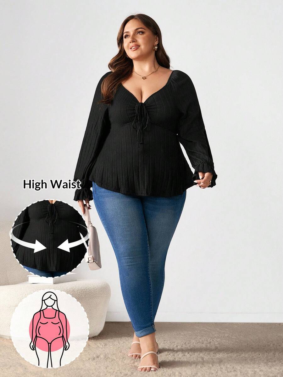 Enliva Quần áo dài tay thường ngày cỡ lớn cho nữ mùa thu, buộc ở ngực, vải mềm mại và thoải mái, áo phông đẹp cho mặc ở nhà và đi chơi, áo phông dài tay cổ hình trái tim màu trơn viền xếp nếp - màu đen - Xem 1