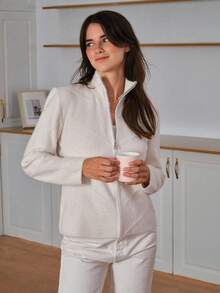 EURMUSE Damen einfarbige Strickjacke aus haarigem Garn mit Reißverschluss - Creme - Übersicht 3