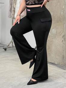 SHEIN EZwear Women Plus-Size Knitted Elastic Solid Color Flare Pants With Pocket