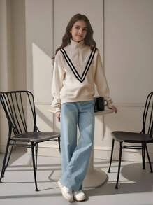 Tween Girl Casual Athletic Ribbed Zipper V-Neck Pullover Sweatshirt For Autumn/Winter