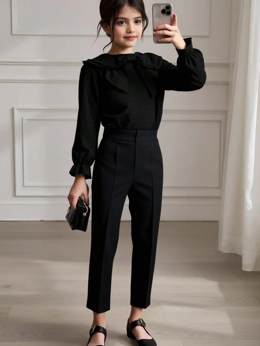 Tween Girl Solid Color Black Bow Decor Elegant Long Sleeve Blouse Fall Winter - Black - View 1