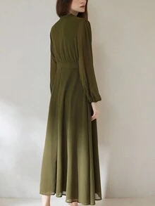 Aveloria Modichic Váy dài tay xếp ly eo trước bằng vải chiffon thanh lịch, đa năng khi đi làm - Màu xanh Ô liu - Xem 6