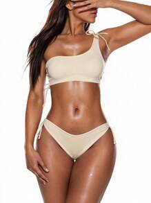Swim Basics Summer Beach Rib One Shoulder Tie Side Bikini - Beige - View 6