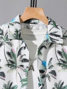 SHEIN 2 件青少年男孩休闲学院风花卉印花衬衫和短裤套装，适合通勤、上学、日常休闲装、运动、春夏季 - 彩色 - 查看 5