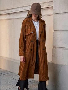 Solivie 女式秋季翻领长袖绒面革优雅风衣 - 卡其色 - 查看 3